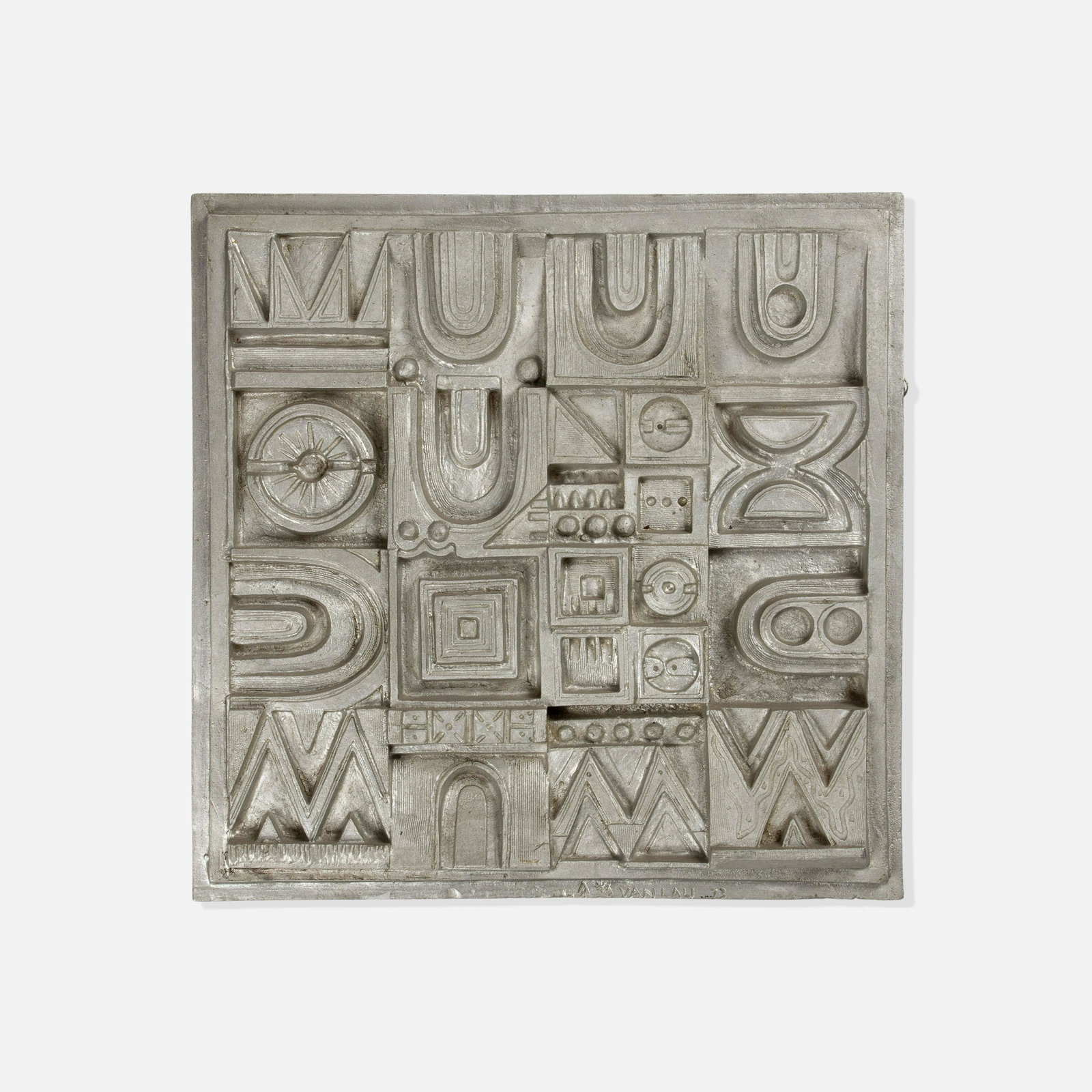 Van Lau, Sculpture: Hong Kong, 1973 aluminum 20” x 19 3/4” x 3” Untitled sculpture by Van Lau, signed and dated to bottom edge [VANLAU 73]. Van Lau attended National Taiwan Normal University, after whic