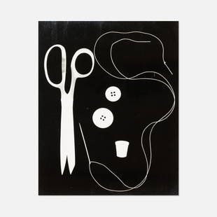 Anonymous, Untitled Photogram (Sewing Kit): USA, Mid 20th Century gelatin silver print 10” x 8” Photogram of a sewing needle, thread, thimble, two buttons, and scissors. Tags: modern, modernist, modernism, ephemera, photography, pho