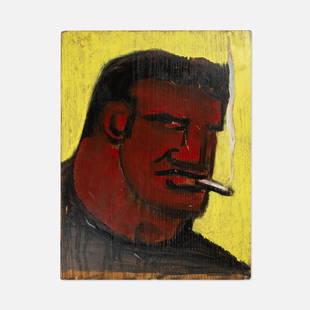 Robert Loughlin, XO: USA, c. 2005 oil on wood board 19 1/2” x 15” XO by Robert Loughlin, with red Brute against yellow field. Titled and signed to verso [XO RL] Cataloged by the Studio of Robert Loughlin,