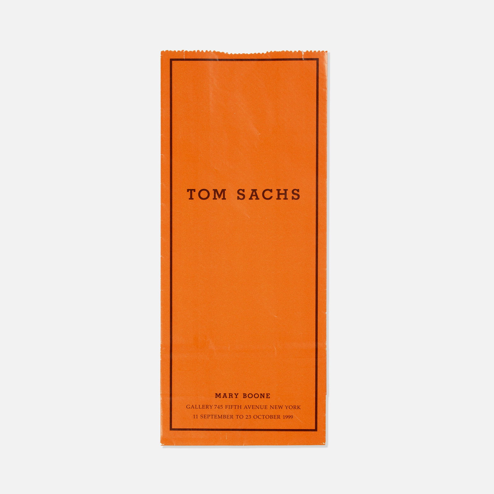 Mary Boone Gallery, Tom Sachs Sick Bag Invite: USA, 1999 printed matter 10" x 4 1/4" Invite to Tom Sachs' Haute Bricolage from September 11 to October 23, 1999 at Mary Boone Gallery. Upon entering the gallery guests would find a vase filled with l