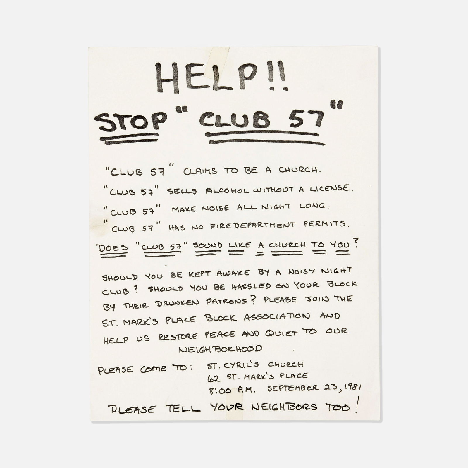 St Mark's Place Block Association, Stop Club 57 Flyer (1 of 1)
