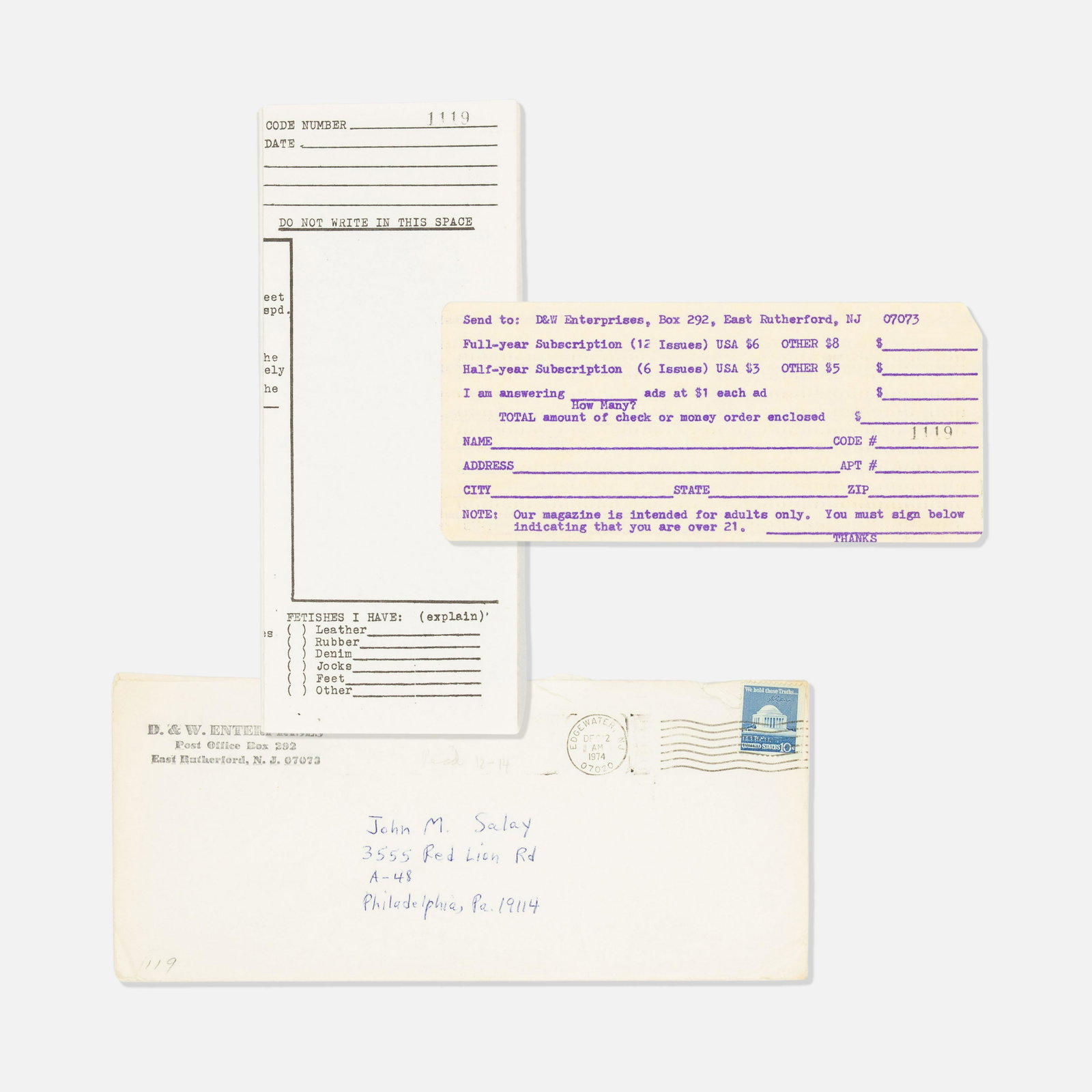 D&W Enterprises, S&M Mail Referral Service: USA, 1970s printed matter 14” x 8 1/2” largest Unfilled mailings for an S&M referral service wherein the interested party would complete the survey form to be returned via mail to receive 
