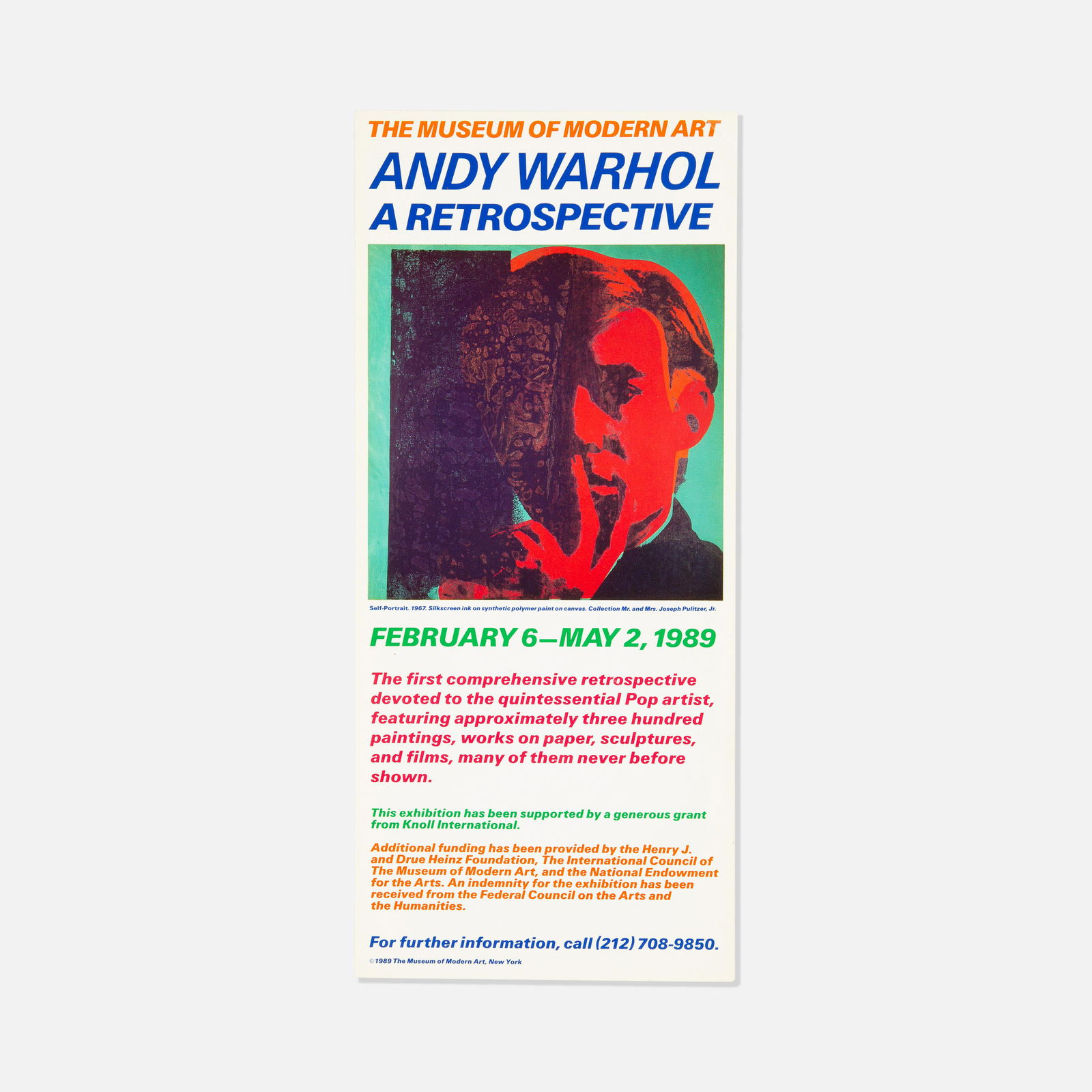 The Museum of Modern Art, Andy Warhol Flyer: NYC, 1989 printed matter 9 1/8” x 4” Flyer to accompany Andy Warhol's first retrospective from February 6-May 2, 1989 at the Museum of Modern Art. Tags: modern, modernist, modernism, nyc,