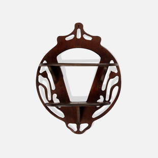 After Art Nouveau, Wall-Mounted Shelf: USA, Mid 20th c. plywood, nails 15 1/2" x 12" x 3 1/2" Homemade wall-mounted shelf with whiplash cutouts in the Art Nouveau vocabulary. Tags: modern, modernist, modernism, shelving, storage, folk art,