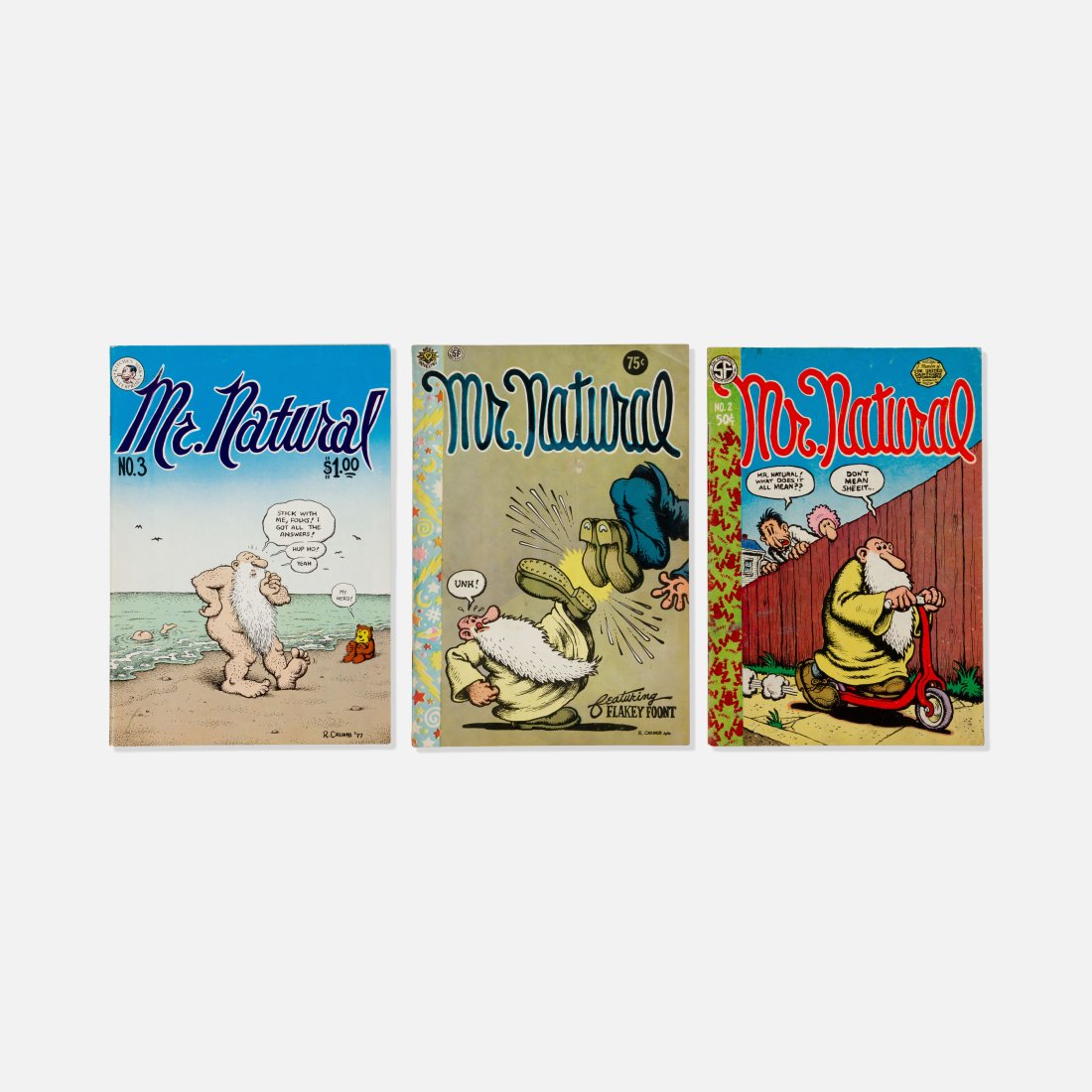 R. Crumb, Mr. Natural, No.1-3: USA, 1970-77 printed matter 9 3/4” x 7” Mr. Natural volumes one through three by Robert Crumb. Published by Apex Novelties, San Francisco Comic Book Company, Kitchen Sink Enterprises. Tags