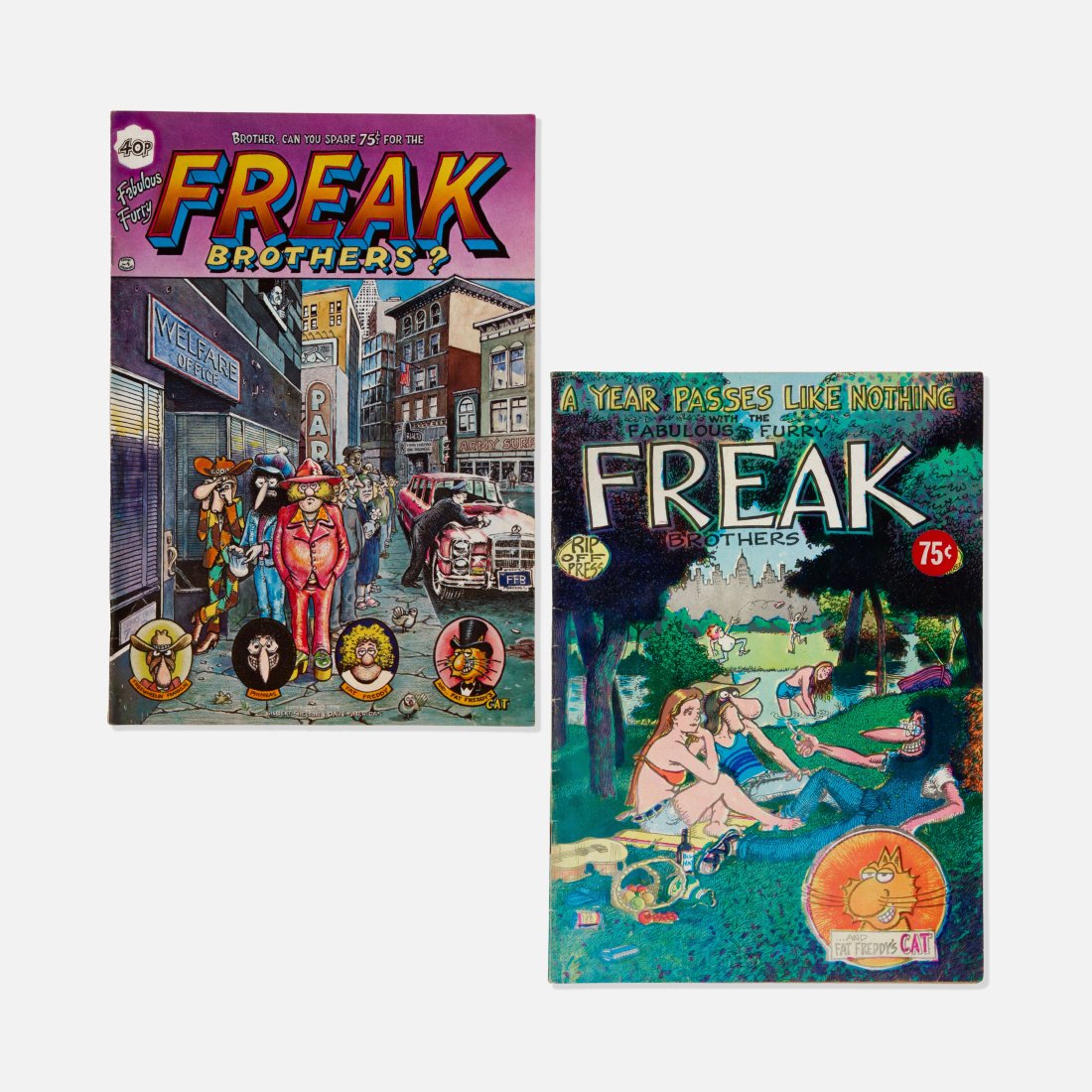 Gilbert Shelton, Dave Sheridan, Fabulous Furry Freak Brothers, No. 3 & 4: USA, 1973-74 printed matter 9 3/4” x 7” Two volumes of the Fabulous Furry Freak Brothers by Gilbert Shelton and Dave Sheridan including No. 3, A Year Passes Like Nothing, and No. 4 Brother