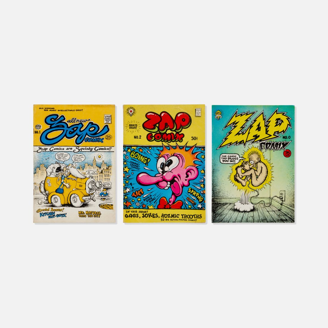 R. Crumb, Zap Comix, No. 0-2: USA, 1968 printed matter 9 3/4” x 7” Zap Comix volumes zero through two by Robert Crumb published by Apex Novelties. Volume one with the first appearance by Mr. Natural, an often occurring