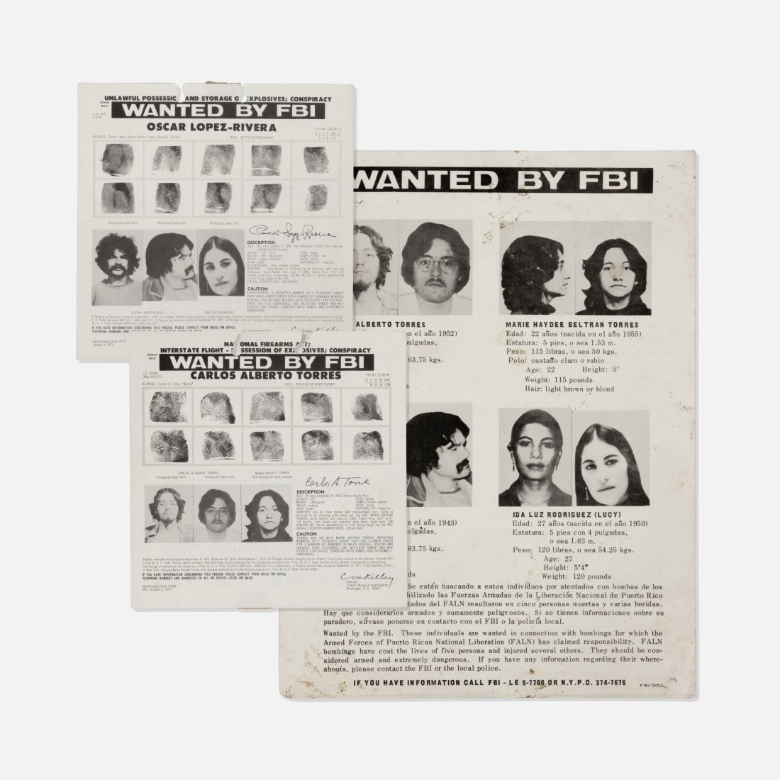 Puerto Rican Independence, F.B.I. Wanted Flyers: USA, 1977-78 printed matter 10 1/2” x 8” largest 8” x 8” others Three wanted flyers by the F.B.I. showing four activists known for their efforts on behalf of the movement for P