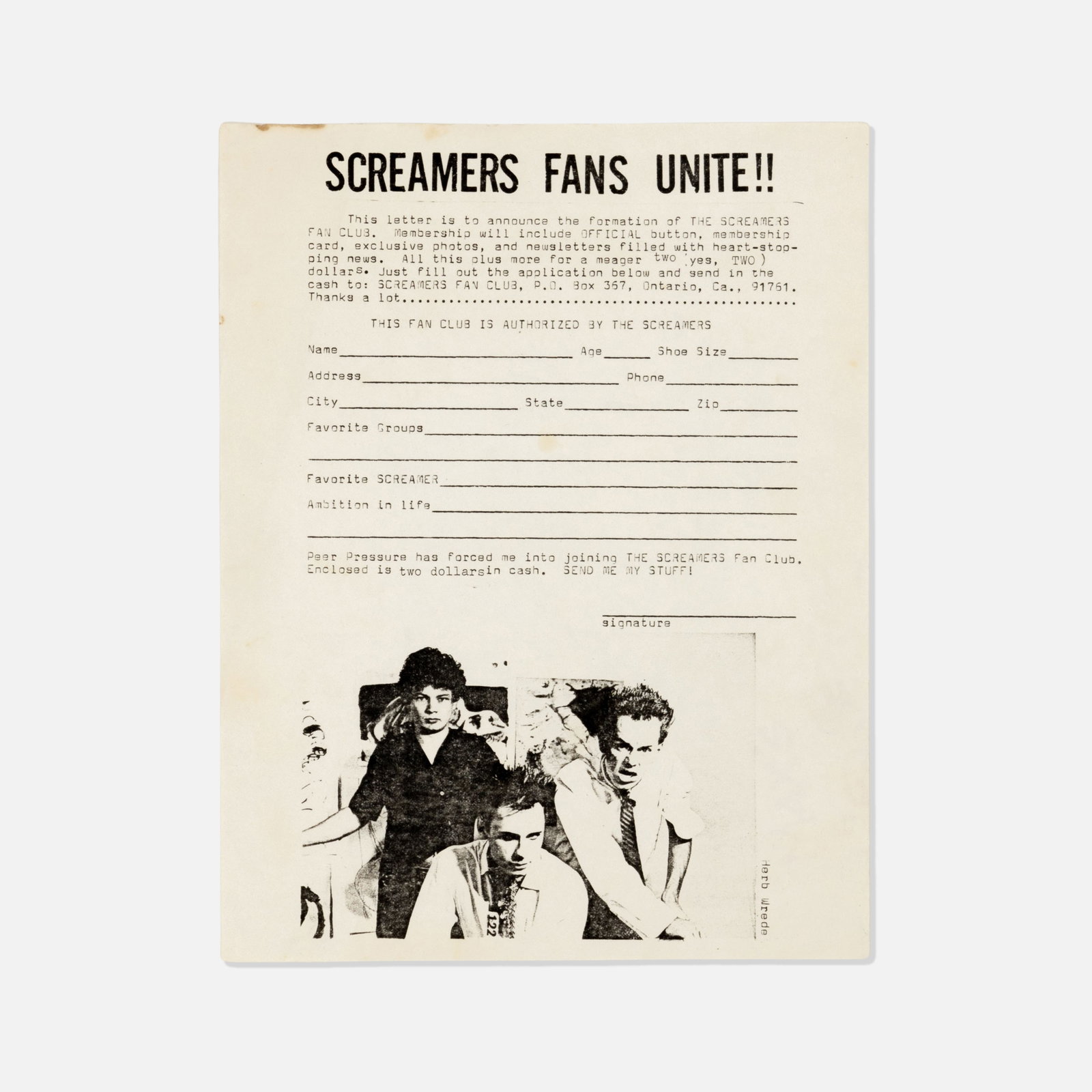 Official The Screamers Fan Club, Letter and Enrollment Form: USA, 1981 printed matter 11” x 8 1/2” Announcement establishing a fan club for The Screamers, authorized by The Screamers themselves, with an enrollment form below. Tags: modern, modernism