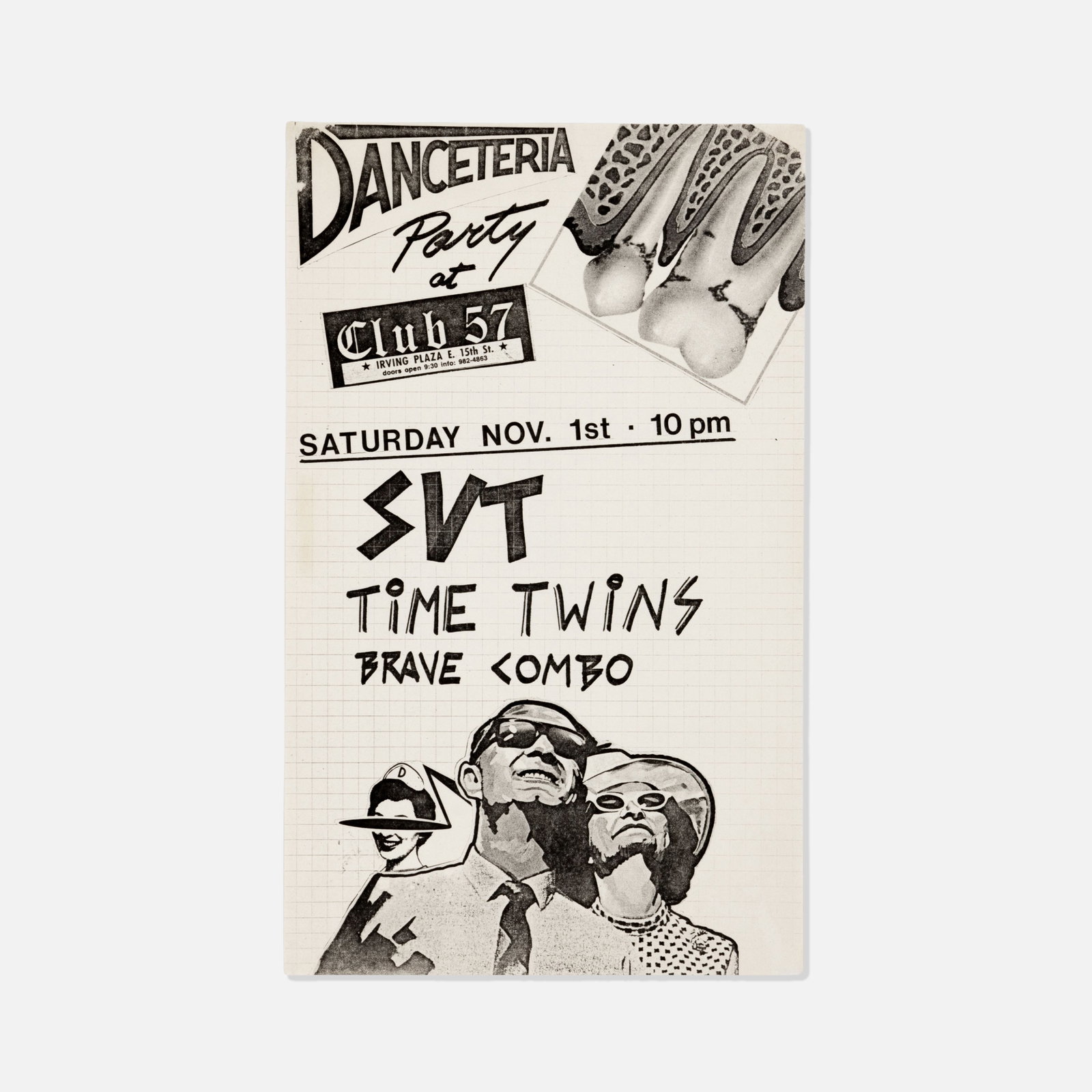 Club 57, Danceteria Party, Poster: USA, 1980 printed matter 14” x 8 1/2” Poster for a party associated with Danceteria at Club 57 with performances by CVT, Time Twins, and Brave Combo. Tags: modern, modernism, modernist, pe