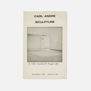 Fine Arts Center Art Gallery, Carl Andre, Catalog: USA, 1984 printed matter 8 1/2” x 5 1/2” Catalog published to accompany Carl Andre’s show from November 27, 1984-January 8, 1985 at Fine Arts Center Art Gallery. Signed and notated by An