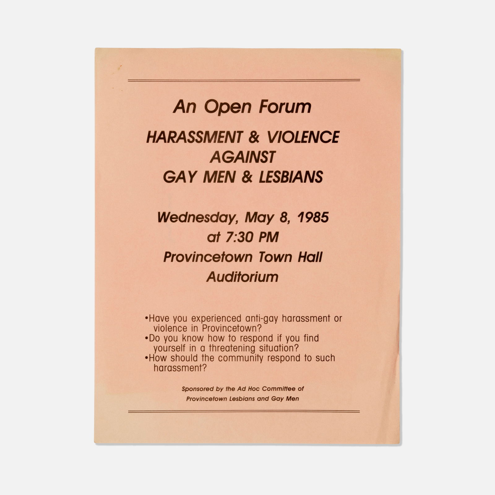 Ad Hoc Committee of Provincetown Lesbians and Gay Men, Open Forum Flyer (1 of 1)