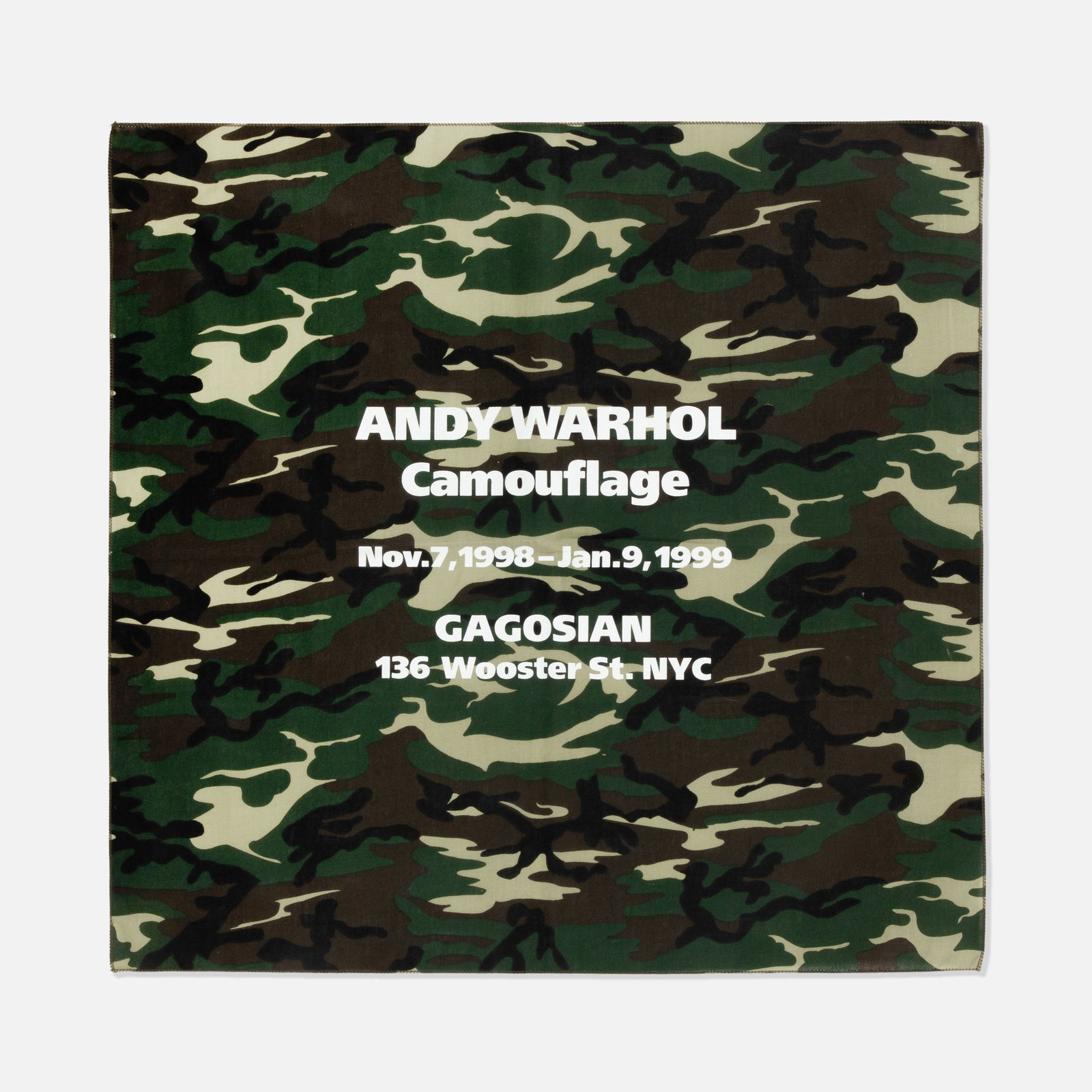 Gagosian, Andy Warhol, Camouflage Bandana Invite: NYC, 1999 21 1/2" x 21 1/2" printed fabric Fabric invite to Andy Warhol, Camouflage at Gagosian, 1999.