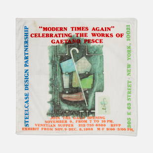 Steelcase Design Partnership, Gaetano Pesce, Fabric Invite: USA, 1988 16 5/8" x 16 5/8" printed fabric Fabric invite published on the occasion of the gala opening of 'Modern Times Again', celebrating the work of Gaetano Pesce, November 9 to December 8, 1988.