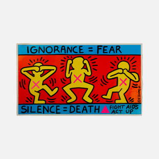 ACT UP, Keith Haring, Ignorance=Fear, Silence=Death, Poster: USA, 1989 43" x 24" offset lithograph Ignorance=Fear, Silence=Death poster by Keith Haring. Published in tandem with ACT UP (AIDS Coalition to Unleash Power), one-year following the artist's own