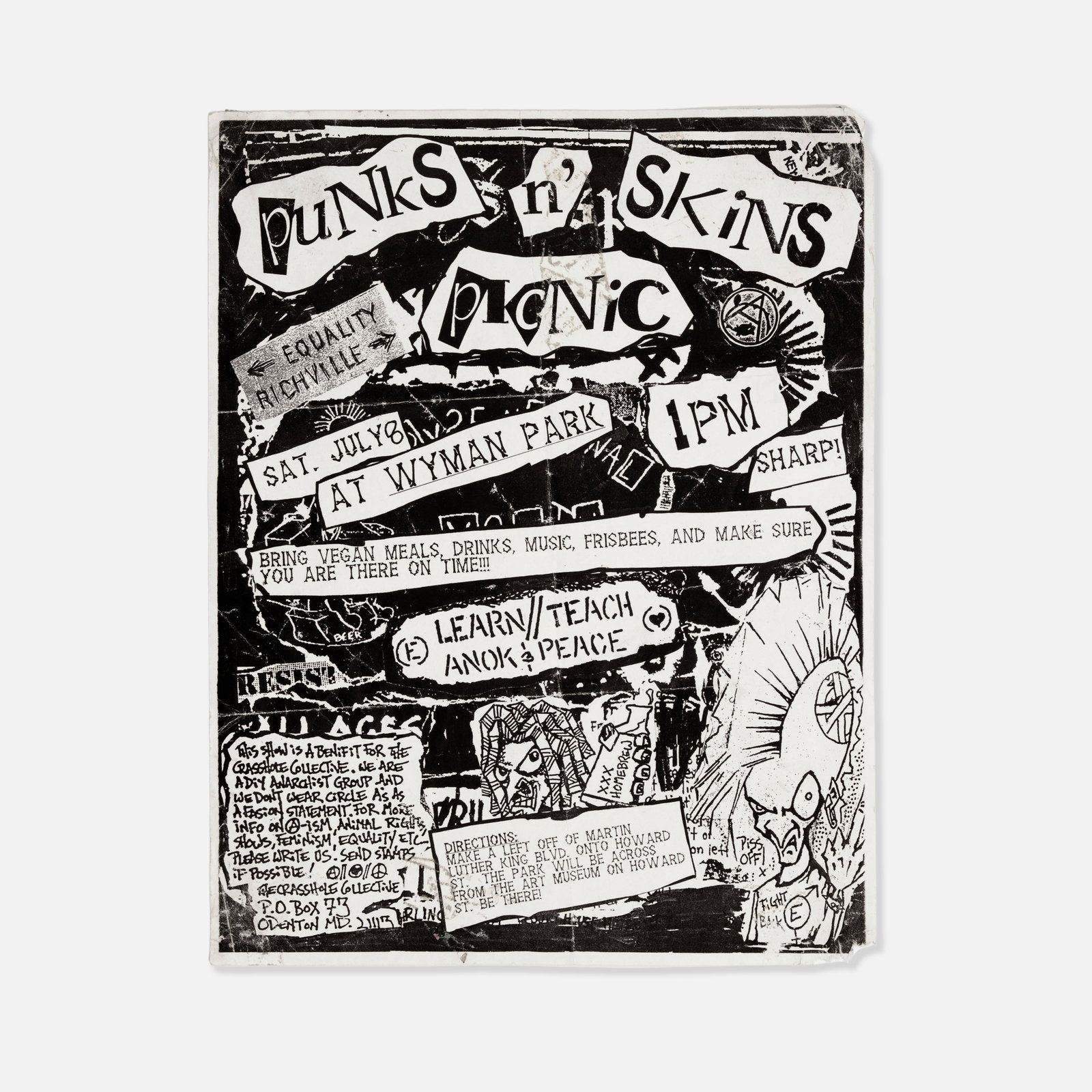 The Crasshole Collective, Punks n' Skins Picnic Flyer: Baltimore, 1980s 8 1/2" x 11" printed matter Flyer published by The Crasshole collective on the occasion of 'Punks n' Skins Picnic' at Wyman Park, Baltimore, MD. [This show is a benefit for The Crassh
