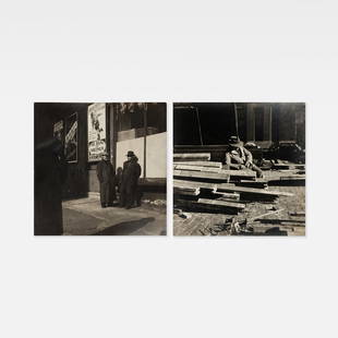 Anonymous, Photographs, NYC Noir Scenes: NYC, 1940s 7 5/8 x 7 5/8 in. silver gelatin prints Two gangland style New York City street scenes. Both annotated to verso, respectively [Leaning...] and [Man sitting amongst wood].