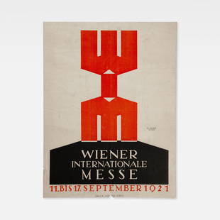 Julius Klinger, Wiener Internationale Messe Poster: Vienna, 1921 23 1/2 x 18 in. letterpress print Poster designed by Julius Klinger for the inaugural Vienna International Fair on September 11, 1921. An early example of text-exclusive graphic design