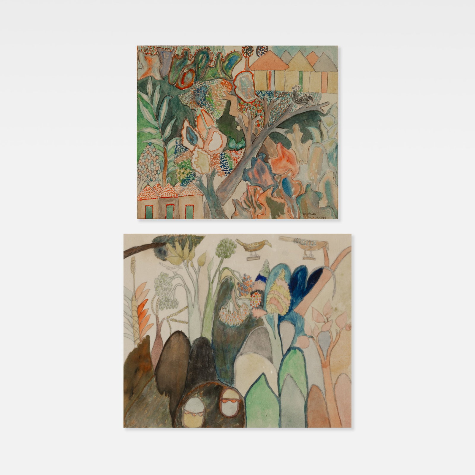 Cyrene Mission School Children,Two Paintings: Zimbabwe, 1947 7 3/4 x 6 3/4 top 9 3/4 x 7 1/2 bottom 14 1/2 x 12 5/8 frame ink and watercolor on paper Two drawings produced by students at the Cyrene Mission School, founded by Scottish clergyman Ed