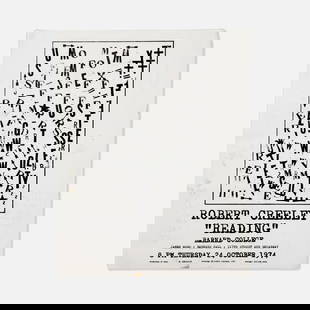 Robert Creely, Barnard College, Flyer: USA, 1974 8 1/2" x 11" printed matter Flyer for 'Reading' by Robert Creely at Barnard College. Flyer designed by William Katz, featuring a reproduction of a drawing by Robert Indiana.
