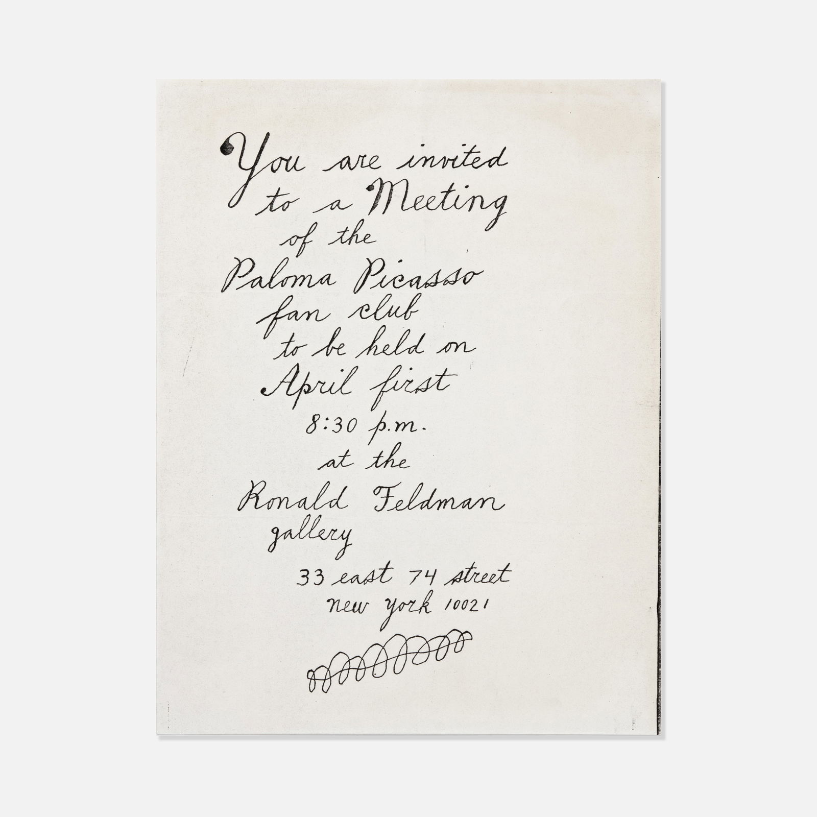 Ray Johnson, New York Correspondence School, Paloma Picasso Fan Club Mailer: NYC, 1974 8 1/2" x 11" printed matter New York Correspondence School mailer designed and distributed by Ray Johnson for a meeting of the Paloma Picasso Fan Club at Ronald Feldman Gallery on April 1, 1