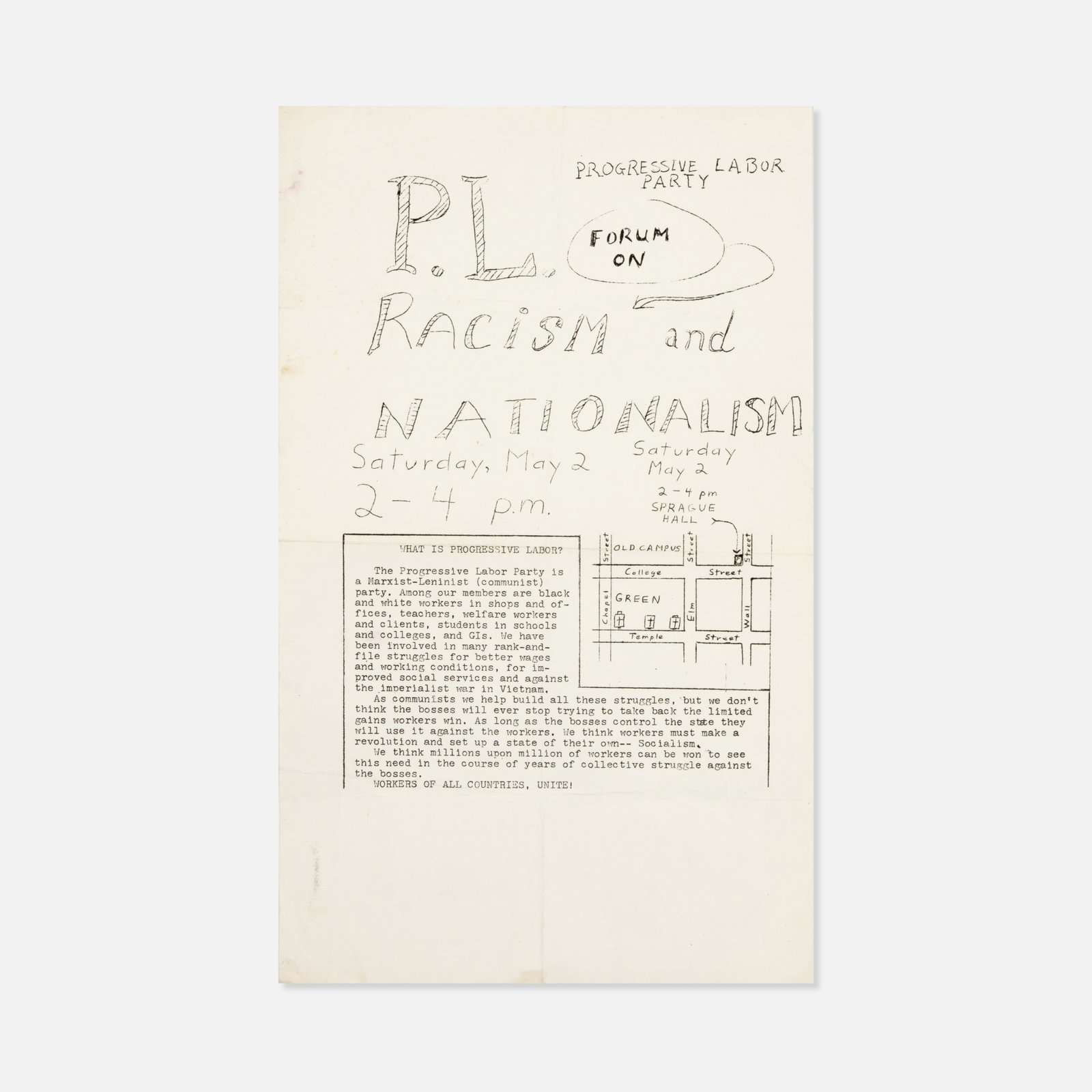 Progressive Labor Party, Forum on Racism and Nationalism, Flyer: USA, 1960s 14" x 8 1/2" printed matter Flyer for a Forum on Racism and Nationalism organized by the Progressive Labor Party.