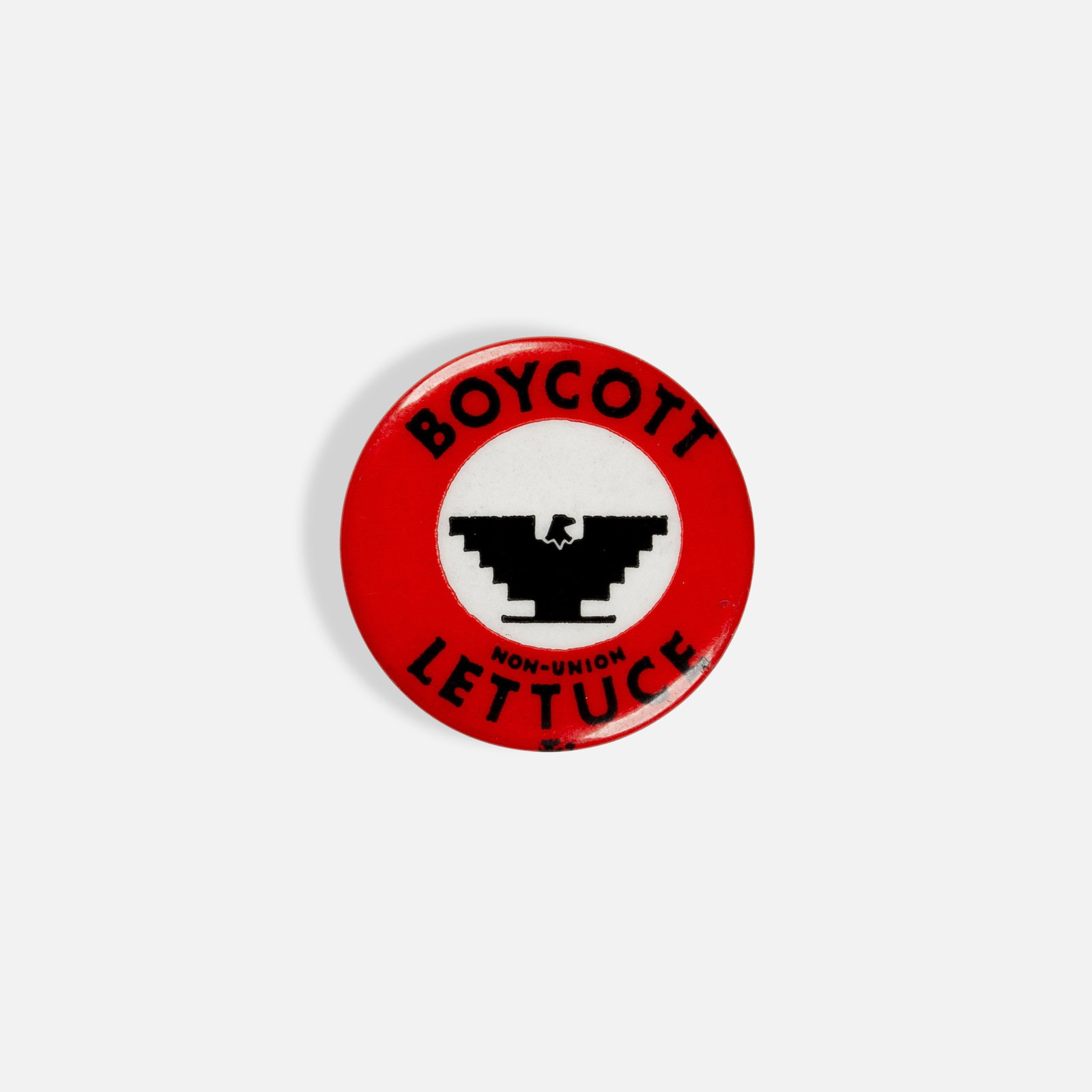 Union Farm Workers of America, Boycott Non-Union Lettuce, Pinback: USA, 1973 1 1/2" diameter printed metal Pinback produced Union Farm Workers of America to promote a boycott on non-union lettuce during the lettuce strike of 1973, largely instigated by Cesar Chavez t
