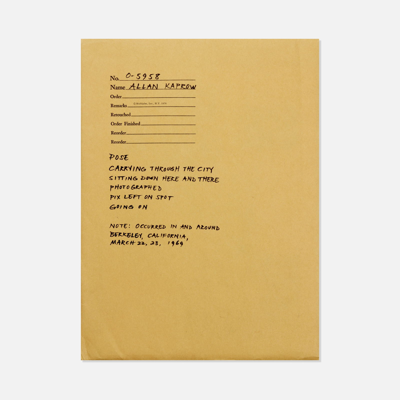 Allan Kaprow, Multiples, Inc., Pose, March 22, 1969 Continued 1970 (1 of 2)