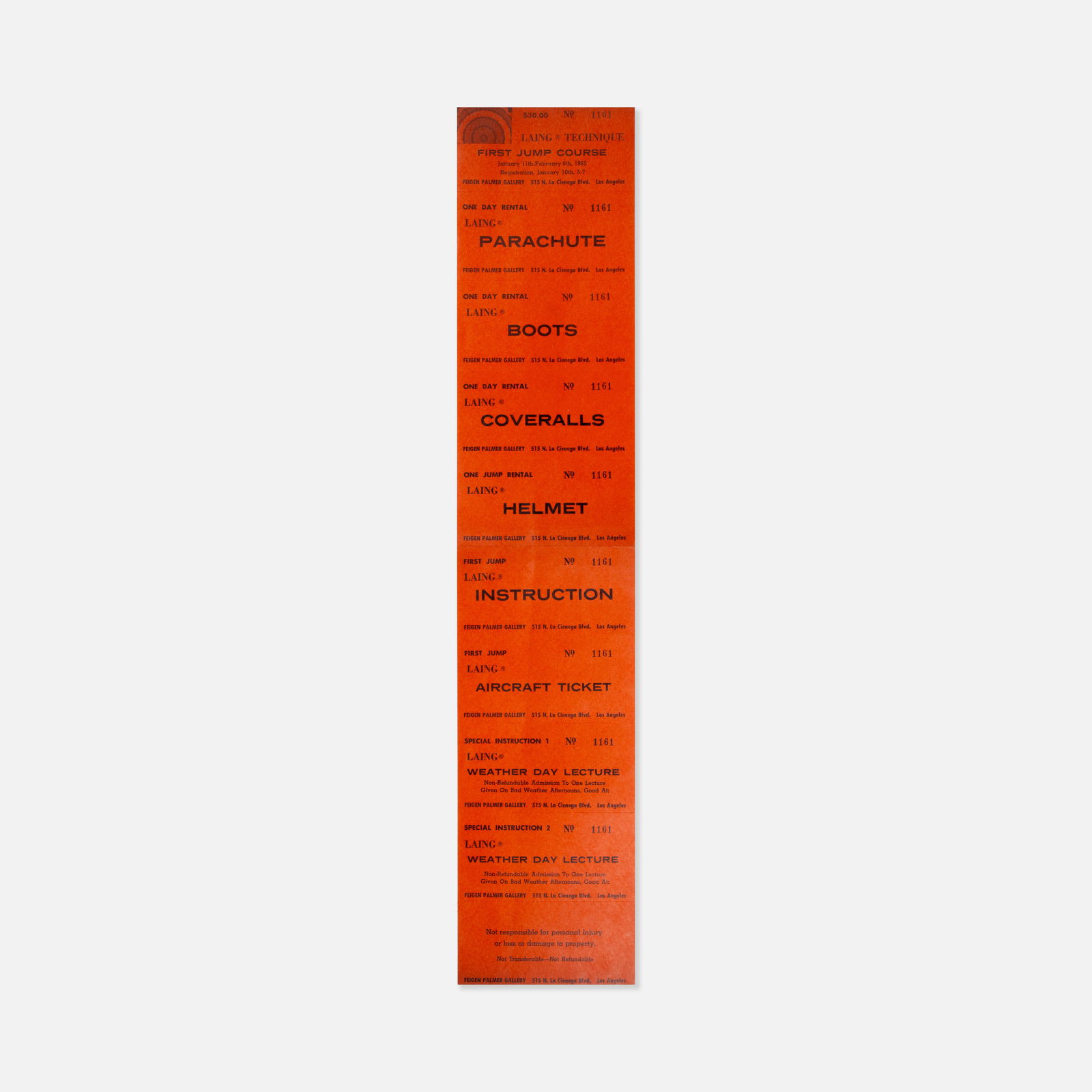 Gerald Laing, Feigen Palmer Gallery, First Jump Course, Announcement: USA, 1964 19 3/4 x 4 inches printed matter Announcement for Gerald Laing’s First Jump Course at Feigen Palmer Gallery, Los Angeles, 1964. The announcement is designed as a simulated checklist for a