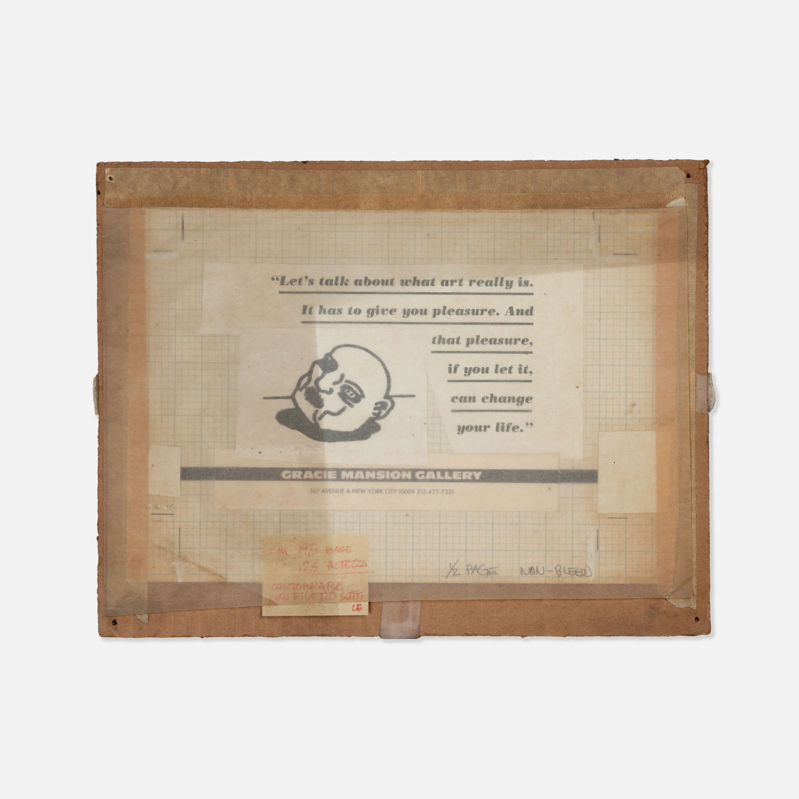 David Wojnarowicz, Gracie Mansion Gallery, Flyer Mockup: USA, 1980s 11 1/2 x 9 inches printed matter, tape, cardboard, ink Flyer mockup for an exhibition at Gracie Mansion Gallery with printed drawing by David Wojnarowicz, and production notations in ink. P