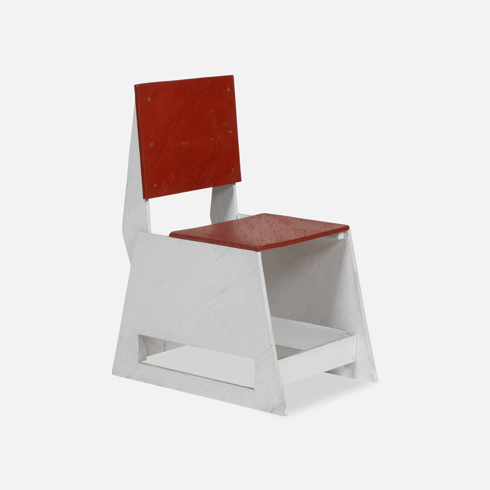 Modernist, Plywood Chair: USA,c. 1960s 31 1/2 x 15 7/8 x 24 inches 16 1/2 inches seat paint, plywood, screws Modernist plywood chair, possibly from a DIY design, in off-white and maroon paint. Pickup and shipping from Treadwel