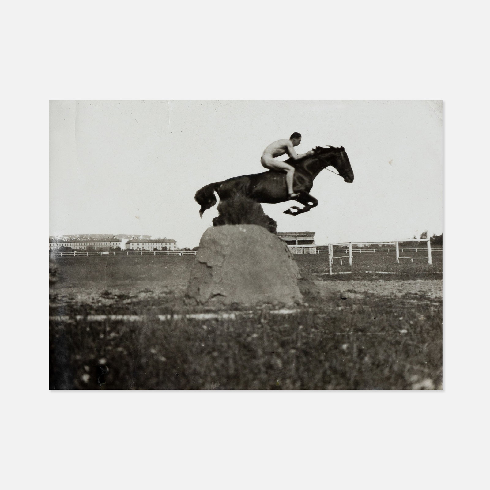 Vernacular, Trick Jockey Photograph: USA, c. 1920s 9 x 6 3/4 inches gelatin silver print Photograph of a nude jockey riding a horse mid-jump, likely augmented with the horse, and jockey pasted into the frame. Pickup and shipping from Tre