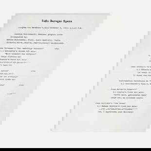 SoHo Baroque Opera, Carolyn Val-Schmidt, Program: NYC, 1982 11 x 8 1/2 printed matter Program for the SoHo Baroque Opera featuring Carolyn Val-Schmidt accompanied by Andrew Bolotowsky, Carol Redfield, Victoria Stark, and Jeffrey Schindler. In the