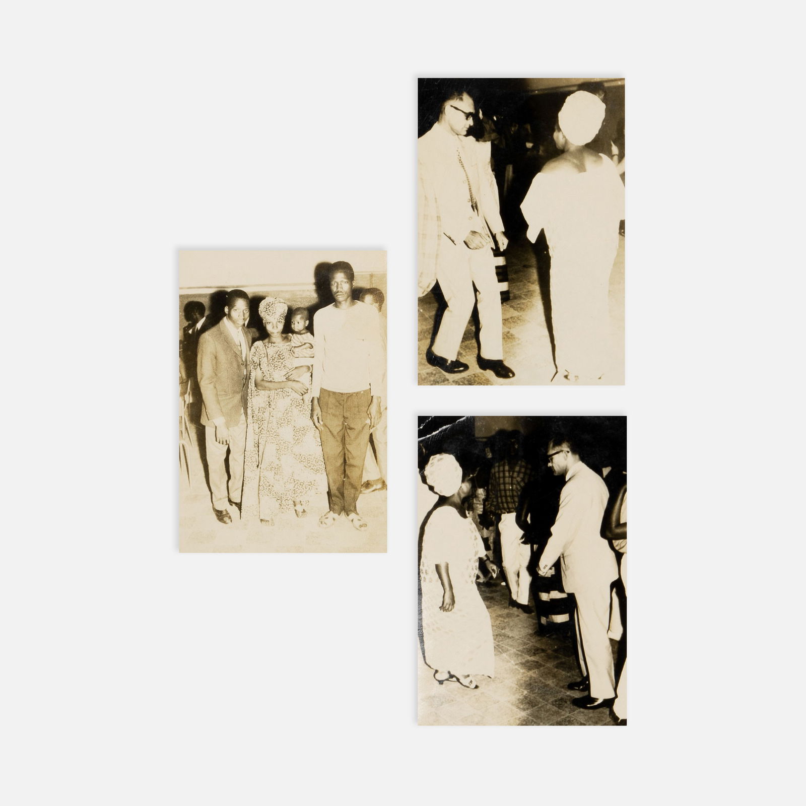 Malick Sidibe, Three Photographs: Mali, c. 1960s 3 1/4 x 2 1/4 each gelatin silver prints Three loose party photographs from a chemise assembled by Malick Sidibe. Malick Sidibé (1936–2016) was a prominent Malian photographer. He is