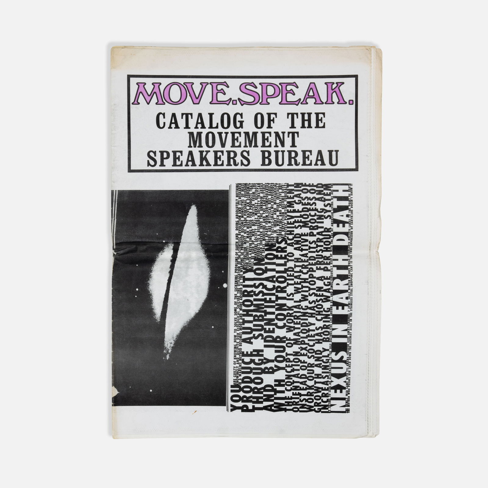 Movement Speakers Bureau, Move.Speak., Catalog: NYC, 1969 17 x 11 3/4 printed matter 'Move.Speak.' published by Don Lewis, Joyce Plecha, and Sharon Krebs as a catalog for the Movement Speakers Bureau, showcasing a diverse roster of artists, thinker