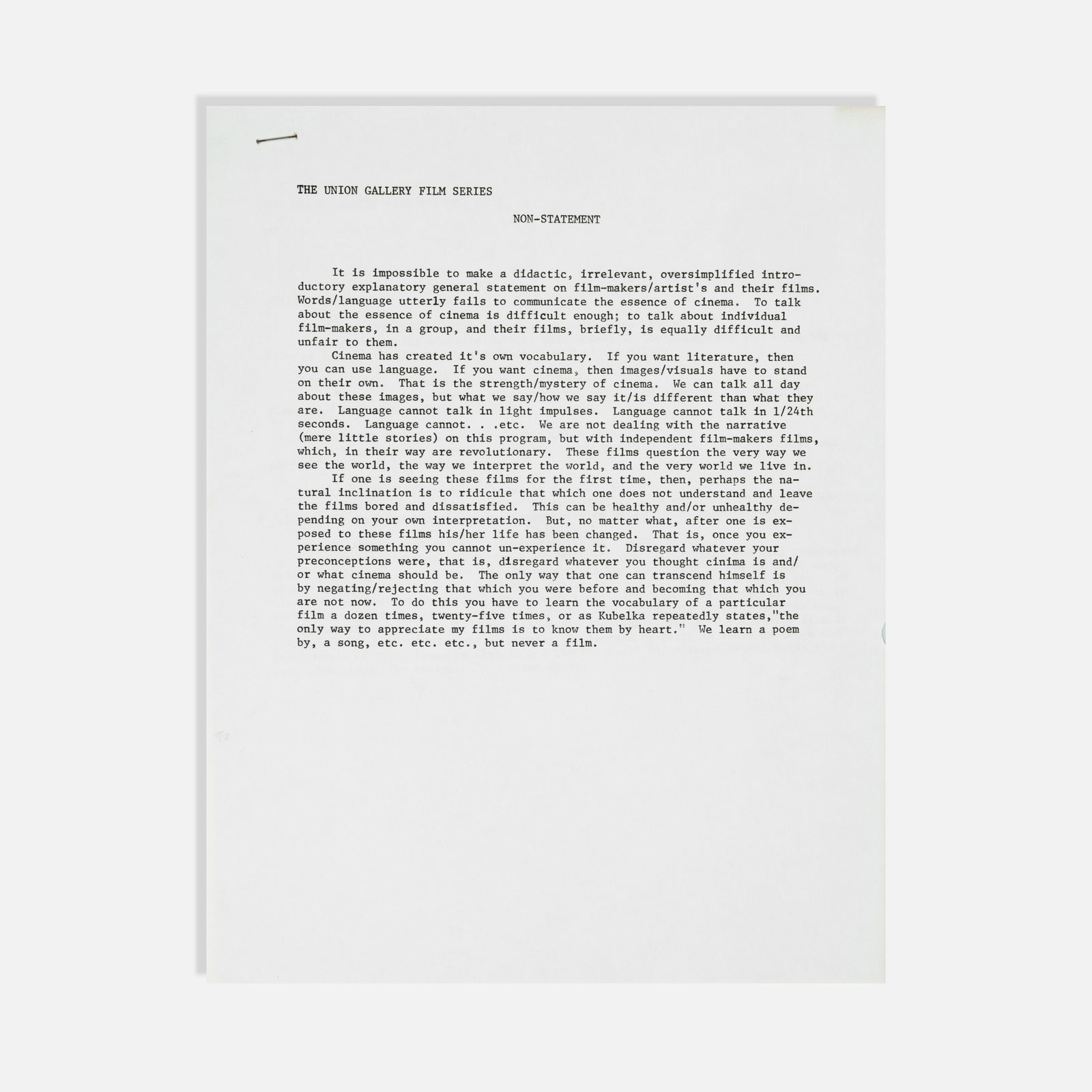 Kenneth Anger, Stan Brakhage, Peter Kubelka, et al., The Union Gallery Film Series, Program: USA, 1960s 11 x 8 1/2 printed matter on colored paper Program for The Union Gallery Film Series. Each page dedicated to a filmmaker's day of programming including Peter Kubelka, Kenneth Anger, Stan Br