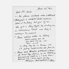 Billy Name, Letter to Sydney Lewis