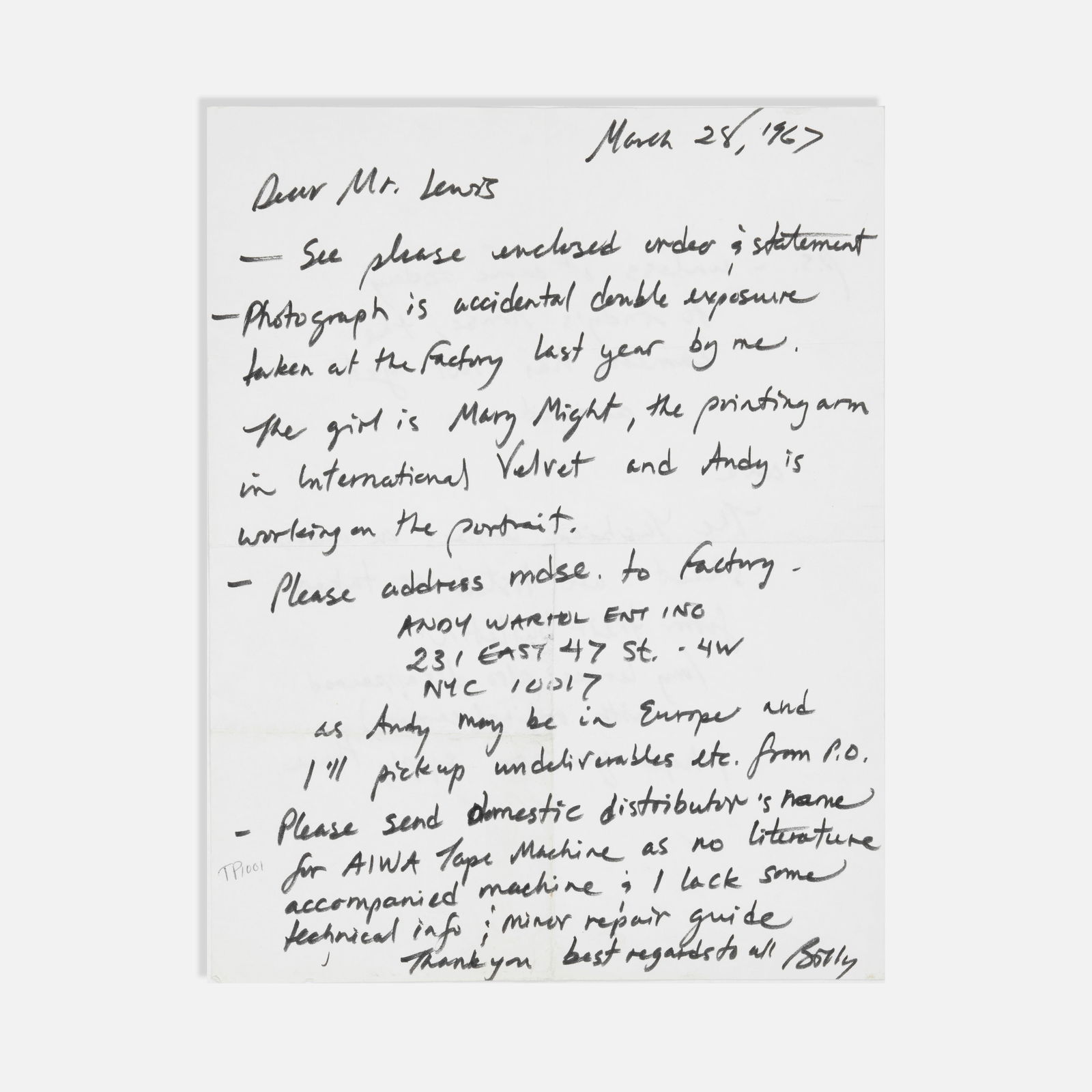 Billy Name, Letter to Sydney Lewis: USA, 1967 11 x 8 1/2 marker on paper Handwritten letter from Billy Name to Sydney Lewis regarding the details of a trade of a portrait by Andy Warhol for camera equipment. Dated to upper right corner