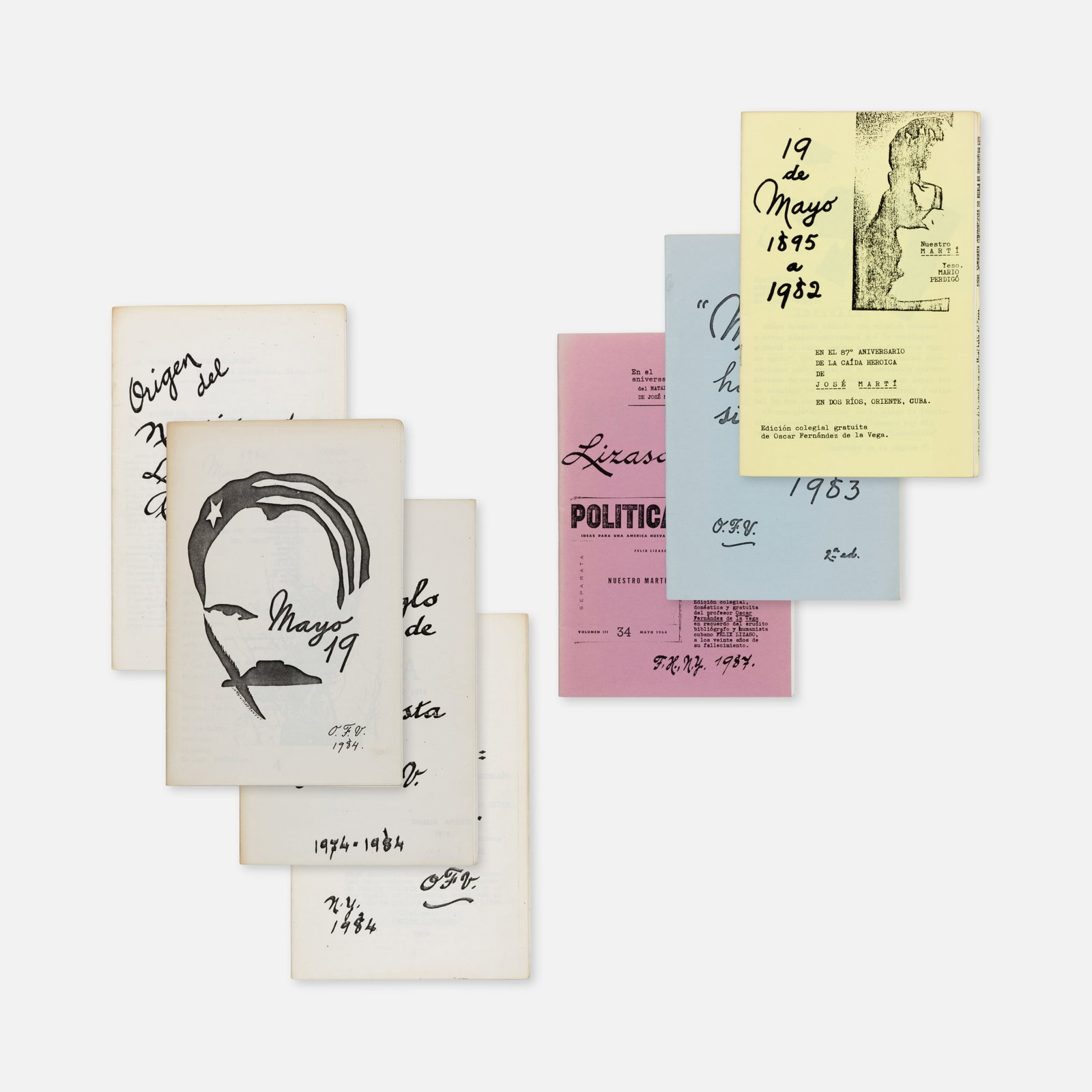 Oscar Fernandez de la Vega, Nine Afro-Cuban Publications: New York, 1982-1987 5 1/2” x 8 1/2” printed matter Pamphlets by Oscar Fernandez de la Vega of Hunter College, pertaining to various Afro-Cuban histories, including 19 de Mayo, Marti Hace u