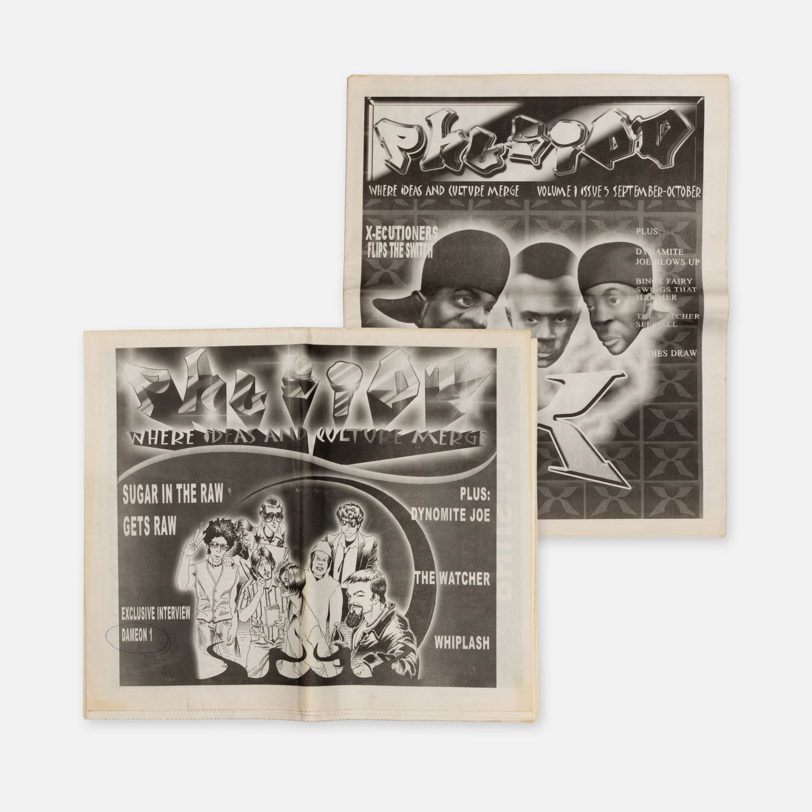Jimmy 'Da Professa' Cheffen (Editor), Phusion Magazine, Two Issues: Wisconsin, 1990s 11 1/2” x 13 1/2” each newsprint Two issues of Phusion Magazine [Where Ideas and Culture Merge] edited by Jimmy ‘Da Professa’ Cheffen, now the Community Impact Manager