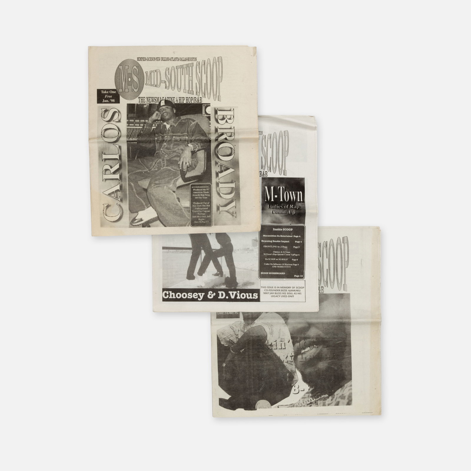 Dr. J and Mzee Ajankaku (Editors), Mid-South Scoop, Three Issues: Memphis, Atlanta, et al., 1997-98 11 1/2” x 13” each newsprint Three issues of Mid-South Scoop [The Newsmagazine 4 Hip Hop/R&B] edited Dr. J and Mzee Ajankaku, and produced by Dr. J Inquir