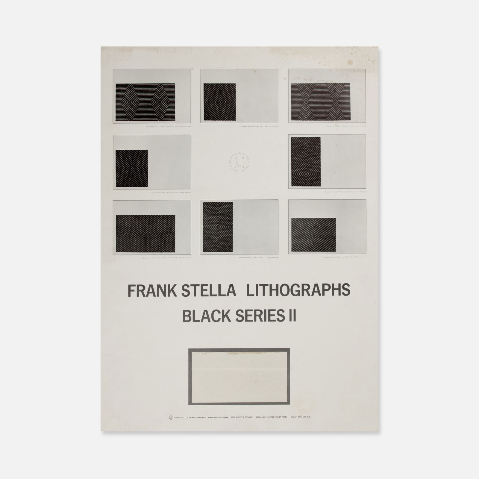 Frank Stella, Gemini GEL, Black Series II Poster: California, 1960s 18” x 25” lithograph Poster to promote the portfolio ‘Black Series II’ by Frank Stella, produced by Gemini GEL. With affixed print lower recto. This item is located i