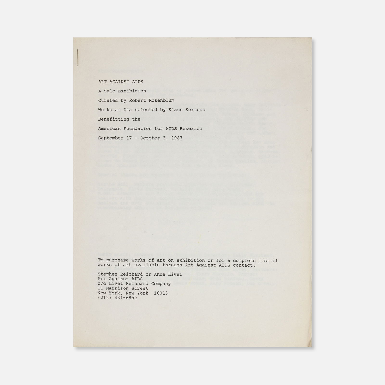 Stephen Reichard & Anne Livet, Art Against Aids, Original Pricelist (1 of 2)