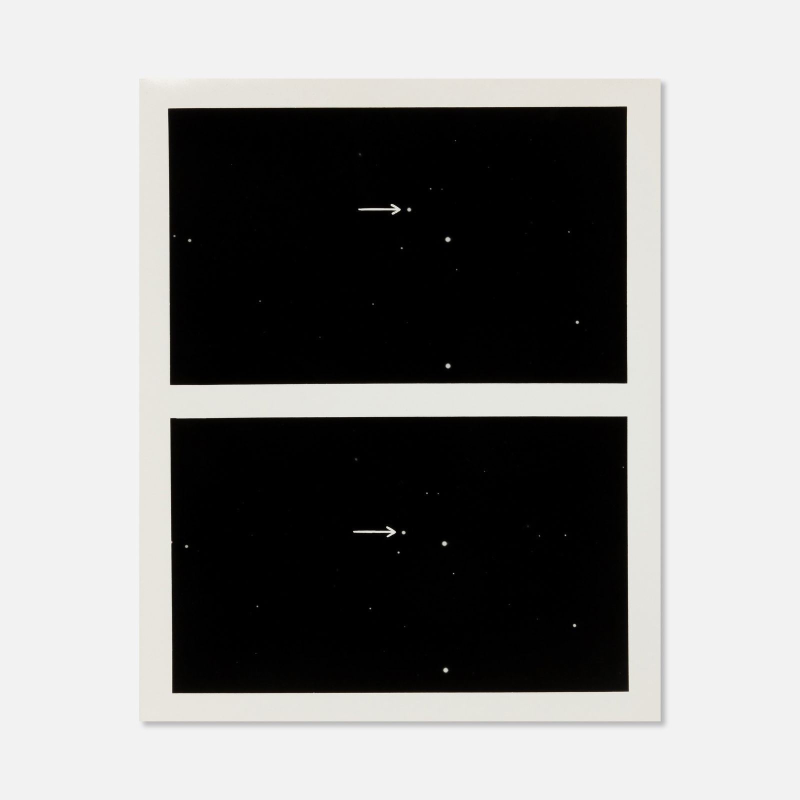 Astrophotograph, Mount Wilson and Palomar Observatories, Pluto: USA, c. 1950 8" x 10" vintage silver print Affixed label to verso: [Mount Wilson and Palomar Observatories - Pluto, two photographs showing motion of planet in twenty-four hours. 200 inch
