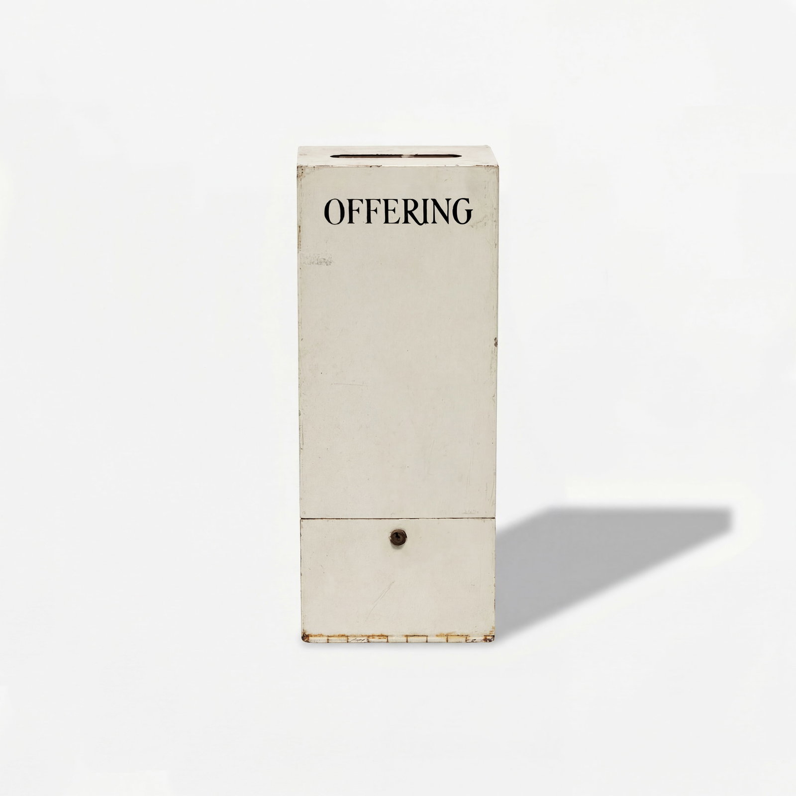 Ecclesiastical, Church Offering Box: USA, c. 1950s 15" x 6 1/4" x 4" painted metal with hand lettering This item is located in our Treadwell, NY warehouse. Pickup and shipping options available upon request.