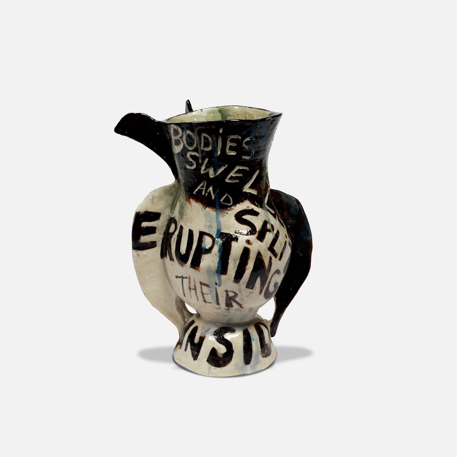 Susan Rowland and Frederick Seidel, Untitled (Bodies Swell and Split): USA, 1991 12 1/4" x 9" x 6" glazed ceramic Signed [SR 91] to the base. Featuring a poem by Seidel [Bodies swell and split erupting their insides like sausages on the fire.] This vessel is part of a bo