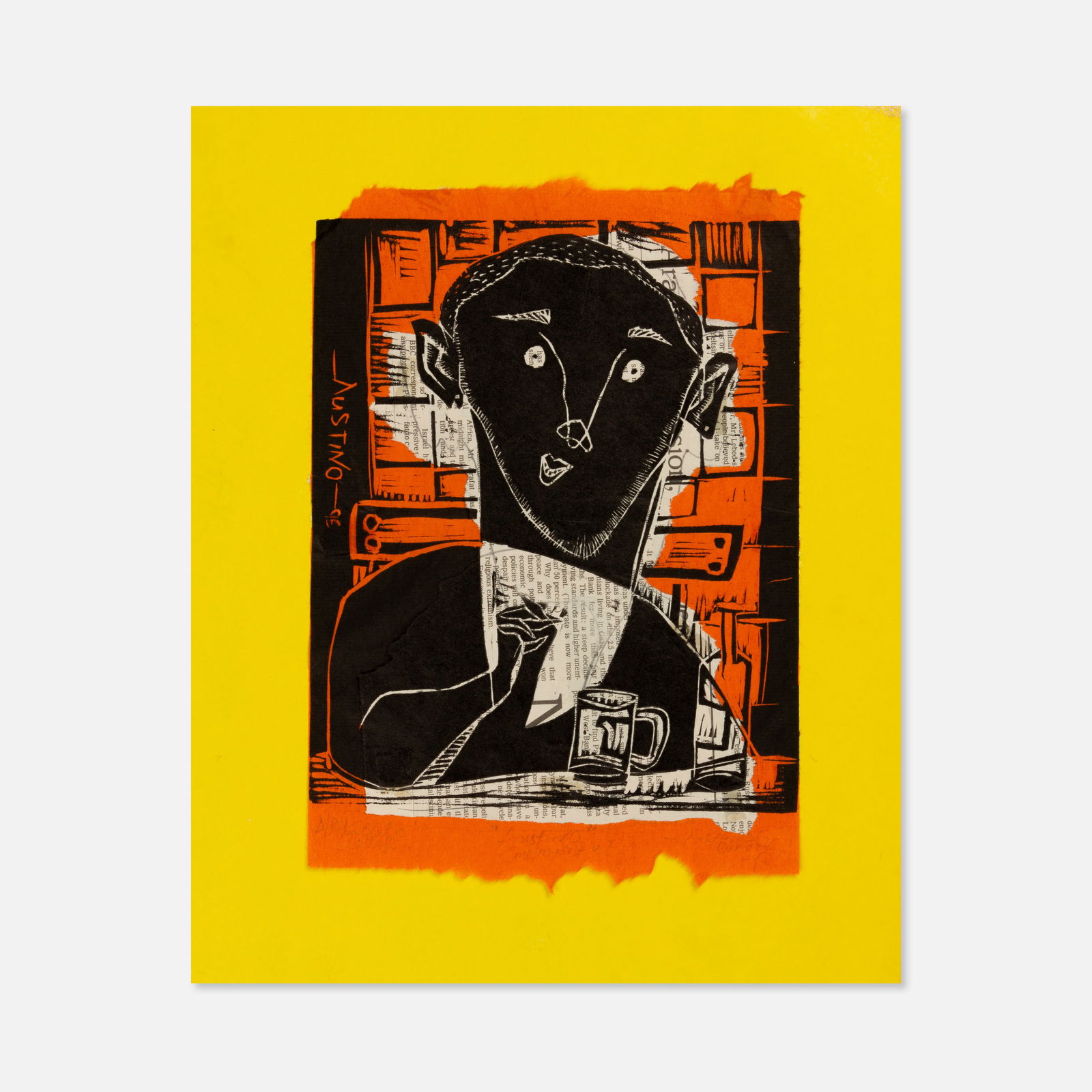 Austino Okafor, Me, Myself & I: USA, 1996 14" x 11 1/4" sheet linocut and collage Signed, titled, and dated by the artist in pencil along the lower recto edge. This item is located in our Treadwell, NY warehouse. Pickup and