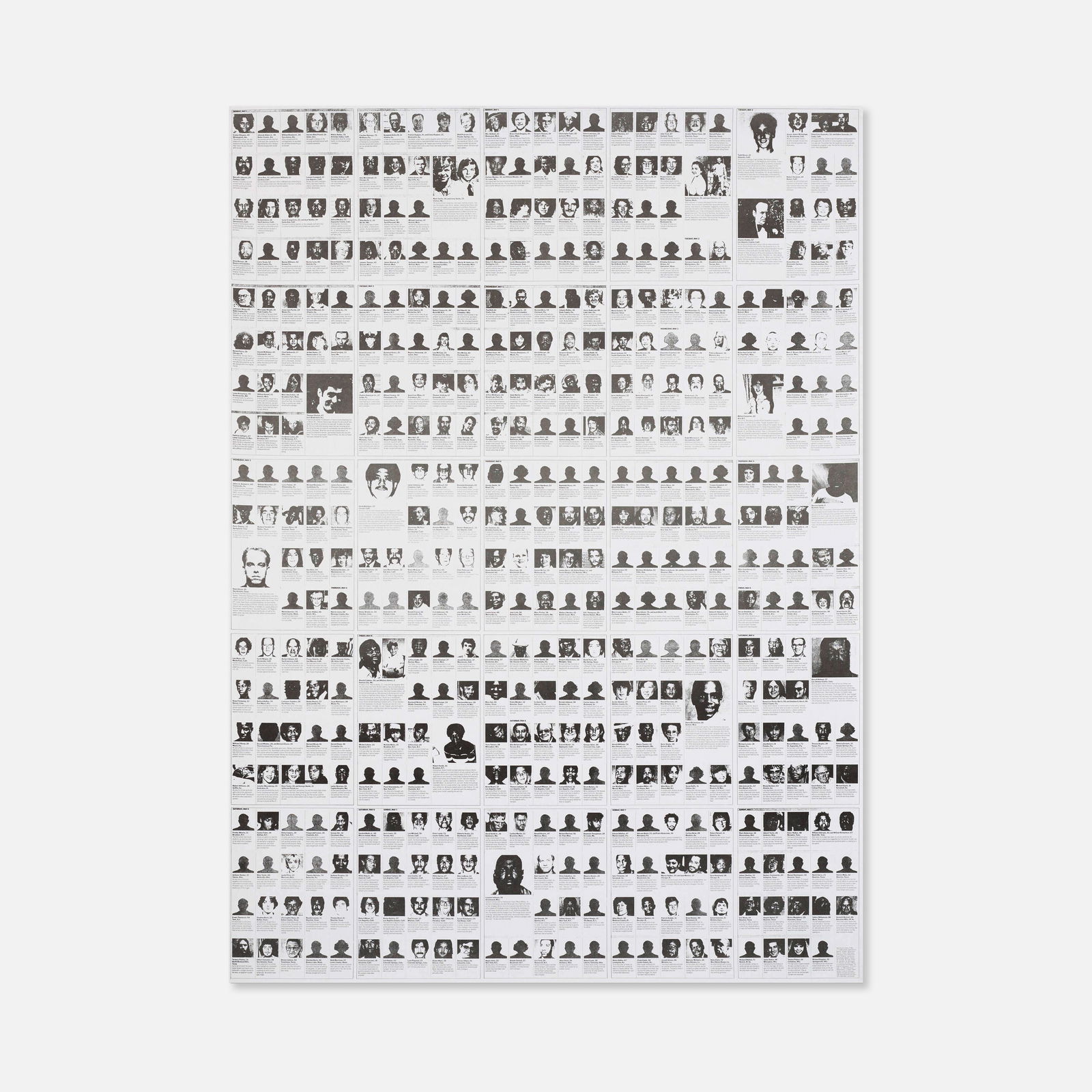 Felix Gonzales-Torres, Untitled (Death By Gun): USA, 1990 45" x 33" offset print on paper This item is located in our Treadwell, NY warehouse. Pickup and shipping options available upon request.