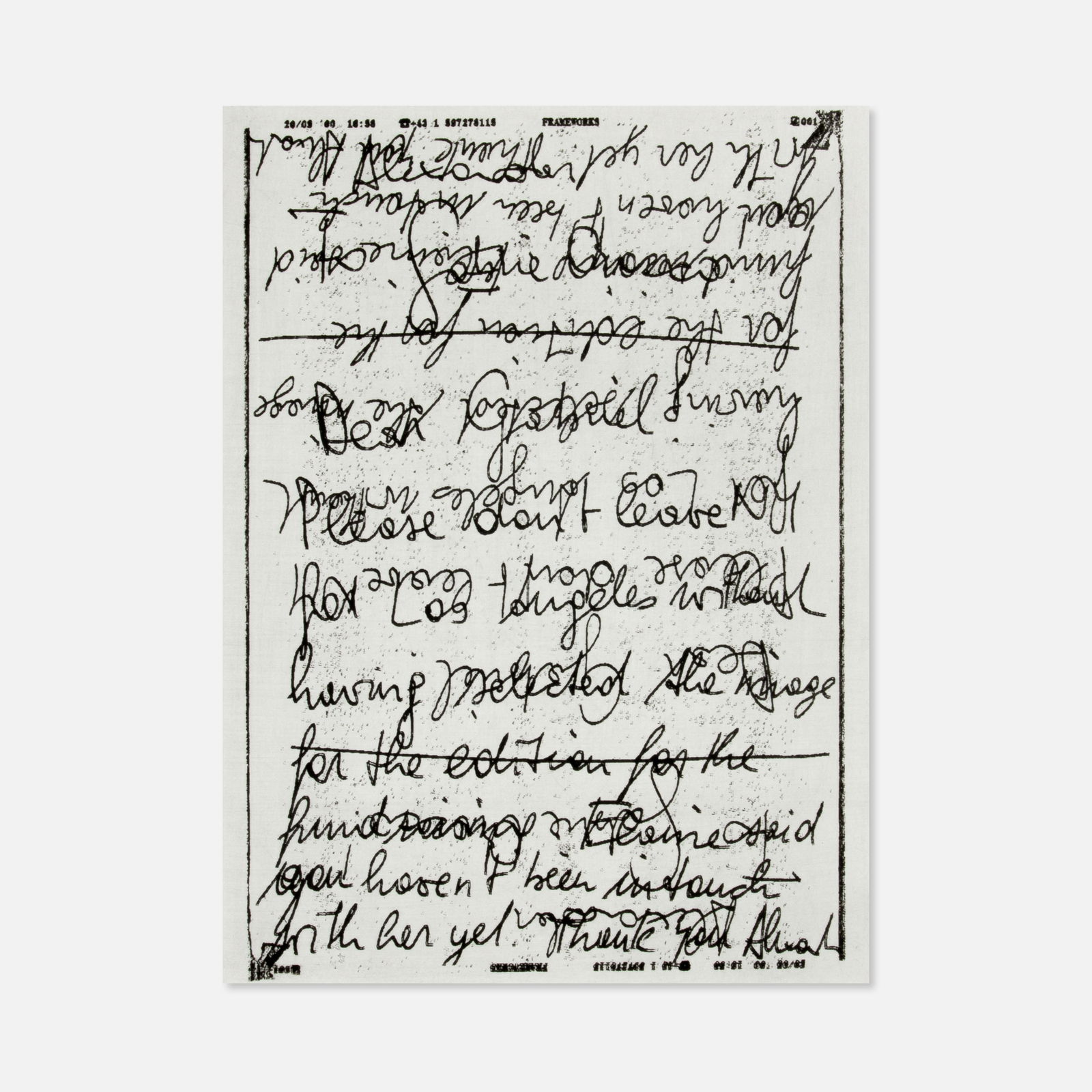 Gabriel Orozco, Helpfax to Gabriel Orozco 100 Times Over and Inverted: Mexico, 2000 18" x 14 1/2 sheet photoetching Number 28 from the edition of 50. Signed, titled, and numbered recto [28/50 - Helpfax To Gabriel Orozco 100 Times Over and Inverted]. Replicating a fax sen