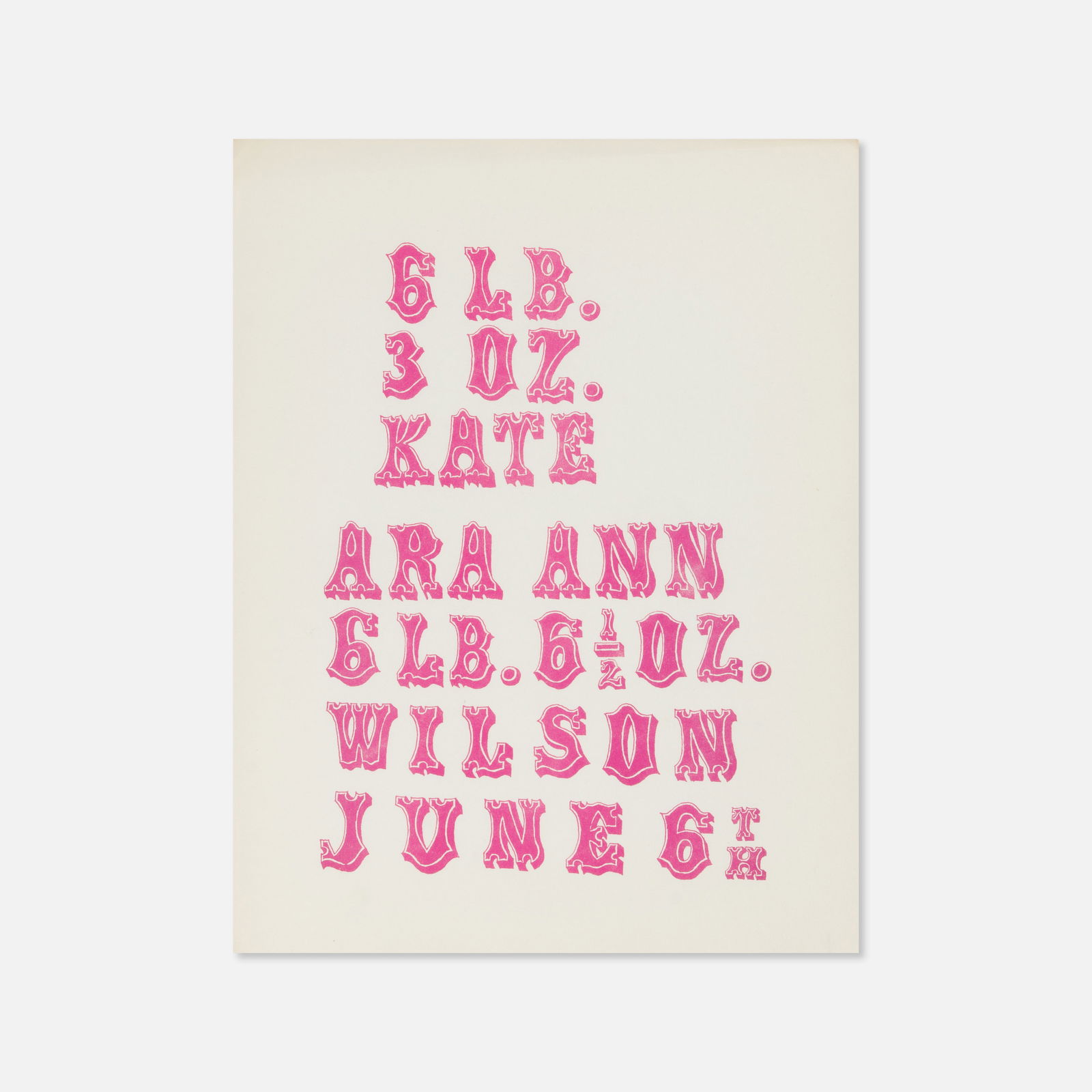 Ray Johnson, Birth Announcement for Kate and Ara Ann Wilson: USA, 1962 8 1/2" x 11" offset print Ray Johnson designed this announcement for the birth of Katherine Covey and Ara Ann Wilson. The twins were the children of his friend William S. Wilson and